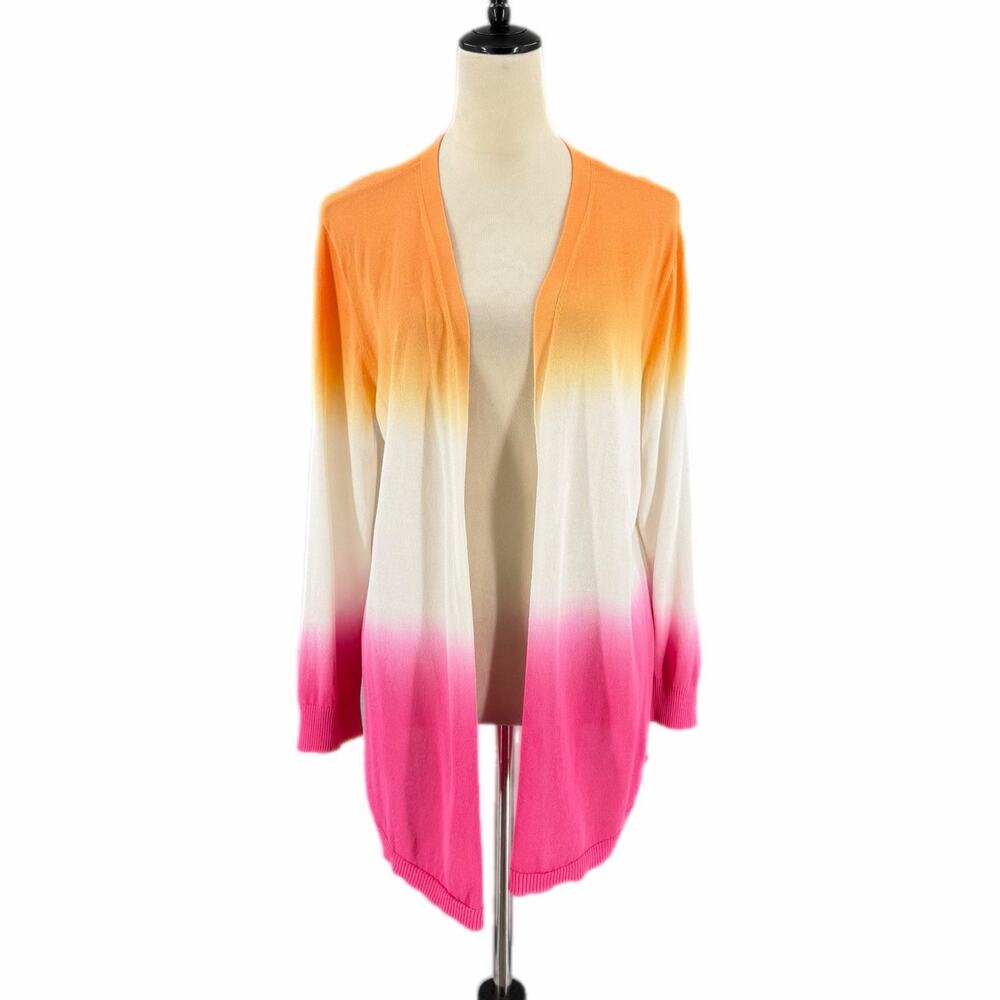 Chico’s Sz 2 Orange White Pink Dip Dye Sunset Ombre Lightweight Open Cardigan